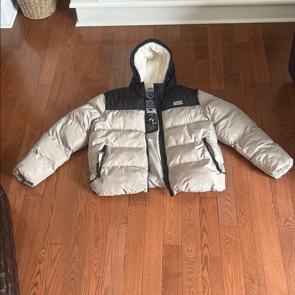 Superdry Kids Two-Tone Hooded Puffer Jacket in Beige and Black